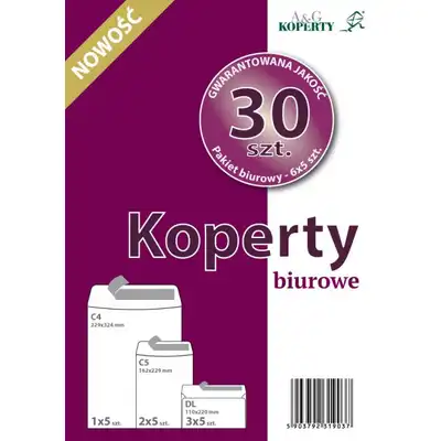 Koperty biurowe DL, C5, C4 białe zestaw 30 sztuk