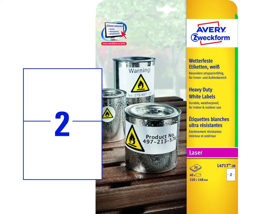 Etykiety samoprzylepne Avery Zweckform Heavy Duty białe 210x148mm