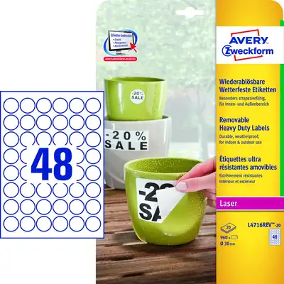 Etykiety samoprzylepne Avery Zweckform Heavy Duty białe średnica 30mm usuwalne