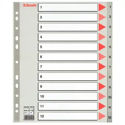 Przekładki do segregatora A4+ Maxi PP numeryczne 1-12 szare Esselte