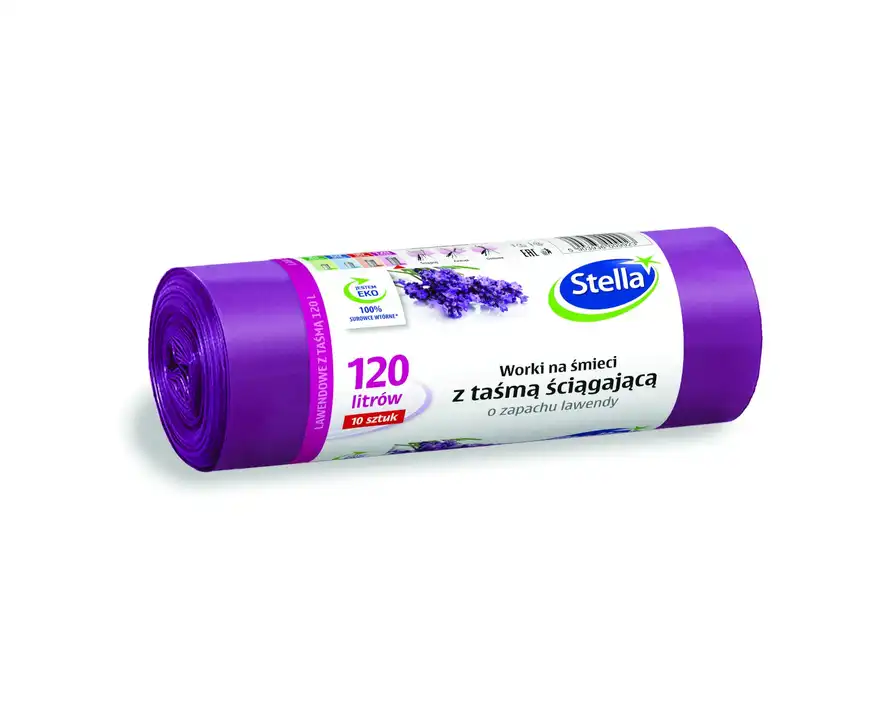 Worki na śmieci Stella z taśmą lawendowe 120l LDPE