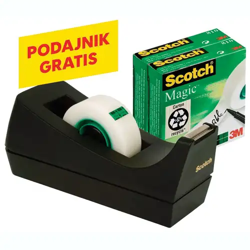 Taśma klejąca matowa Scotch Magic 19mm x 33m 3 sztuki + podajnik gratis