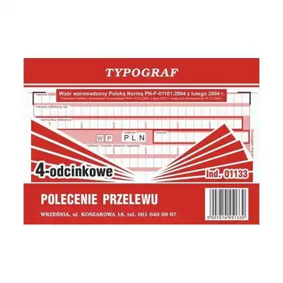 Polecenie przelewu wpłata gotówkowa 4 odcinkowe A6