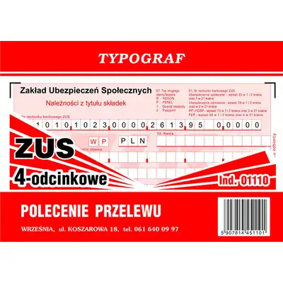 Polecenie przelewu wpłata gotówkowa 4 odcinkowe Zus A6