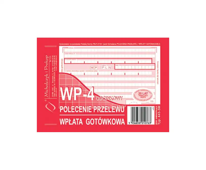 Polecenie przelewu-wpłata gotówkowa 4 odcinkowe A6 (oryginał + 3 kopie)
