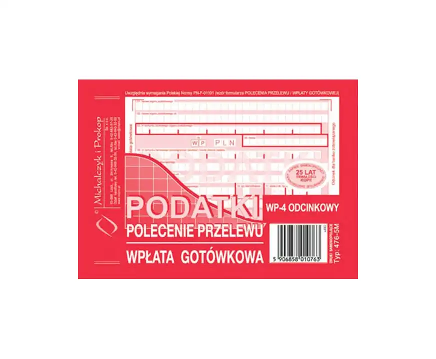 Podatki Polecenie przelewu-wpłata gotówkowa 4 odcinkowe A6 oryginał + 3 kopie