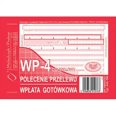 Polecenie przelewu-wpłata gotówkowa 4 odcinkowe A6 (oryginał + 3 kopie)