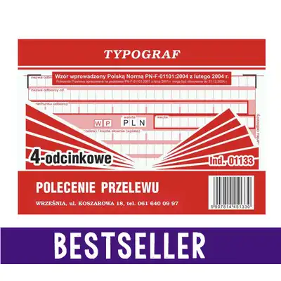 Polecenie przelewu wpłata gotówkowa 4 odcinkowe A6