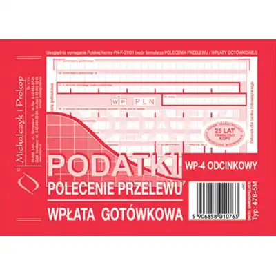 Podatki Polecenie przelewu-wpłata gotówkowa 4 odcinkowe A6 oryginał + 3 kopie