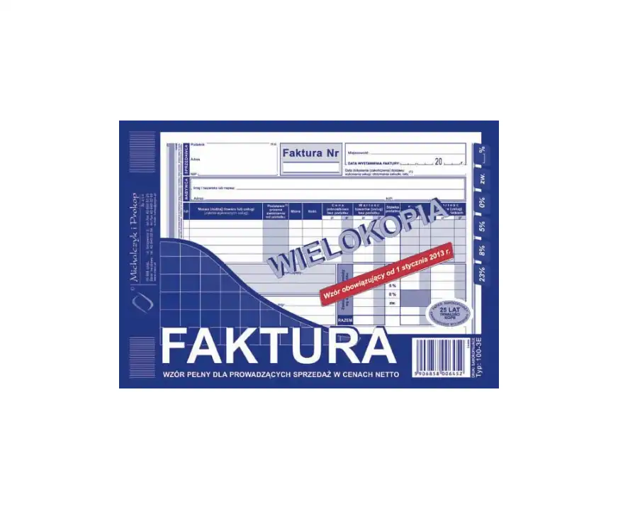 Faktura VAT wzór pełny dla prowadzących sprzedaż w cenach netto A5