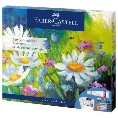 Zestaw farb akrylowych Faber Castell 12 kolorów + 4 pędzelki + płótno 20x25cm