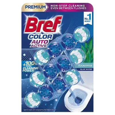 Kulki myjąco-zapachowe do toalet Bref Color Auto Active Eukaliptus 3x50g