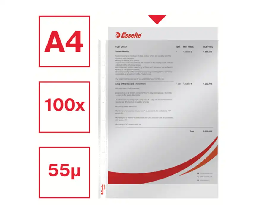 Koszulki na dokumenty Esselte A4 krystaliczne w pudełku 55 mikronów