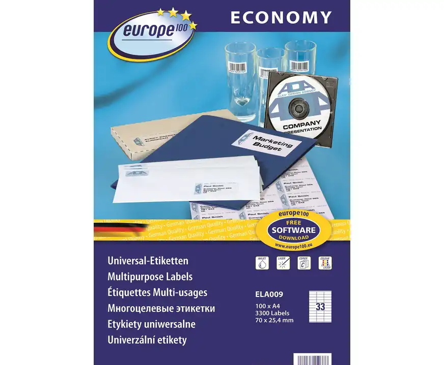Etykiety samoprzylepne Europe 100 uniwersalne białe 70x25,4mm