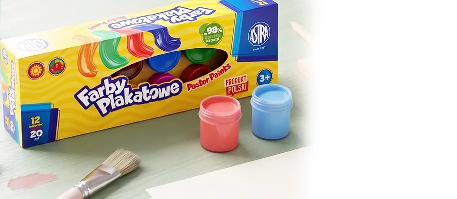 Farby plakatowe, akwarelowe oraz pędzle plastyczne